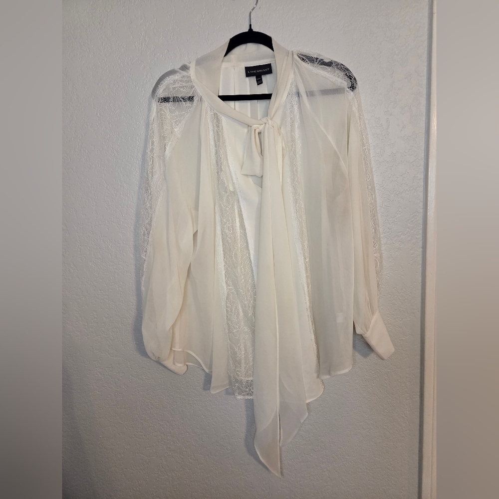 Lane Bryant Cream Long Sleeve Tie Front Blouse